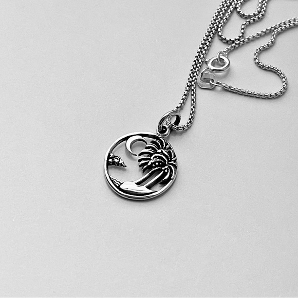 Sterling Silver Beach Palm Tree with Moon Necklace, Silver Necklace, Tropical - Picture 3 of 13